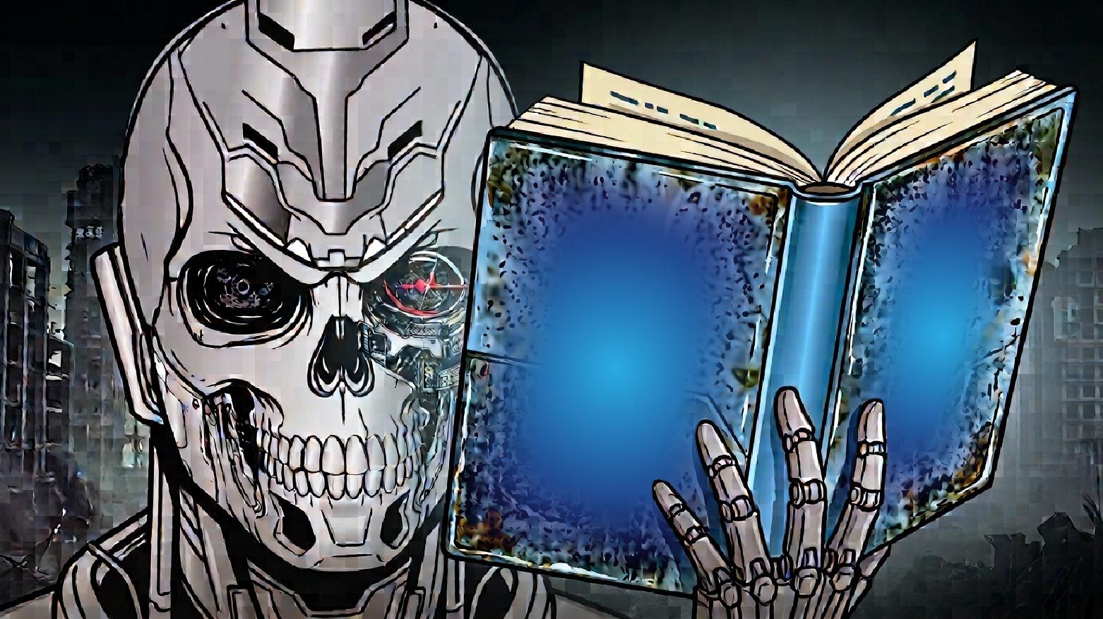 termintor-style robot holding a blue book